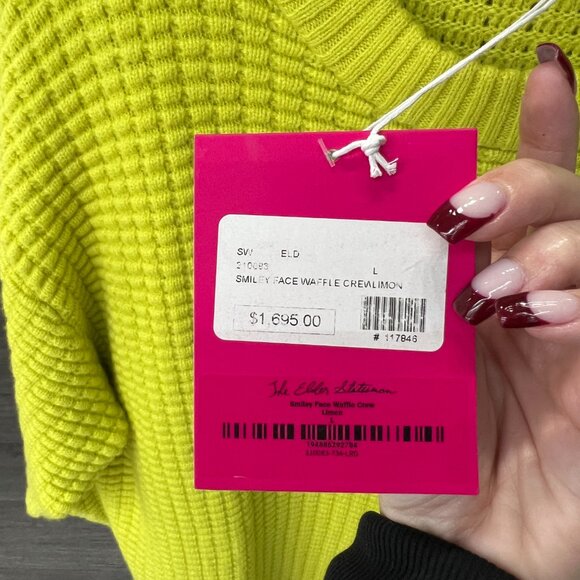 $1695 NWT The Elder Statemans Yellow Smiley Face Waffle Knit Crew Neck Sweater L - Picture 9 of 11